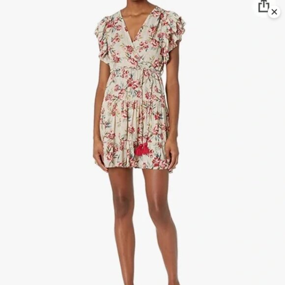 Angie Floral V-Neck Mini Dress – Tiered Ruffle‎ Hem, Tie Waist, Size small - Picture 1 of 13